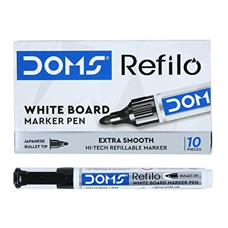 Doms Refilo White Board Marker Pen Black Colour - 10 Pcs Packs, Black