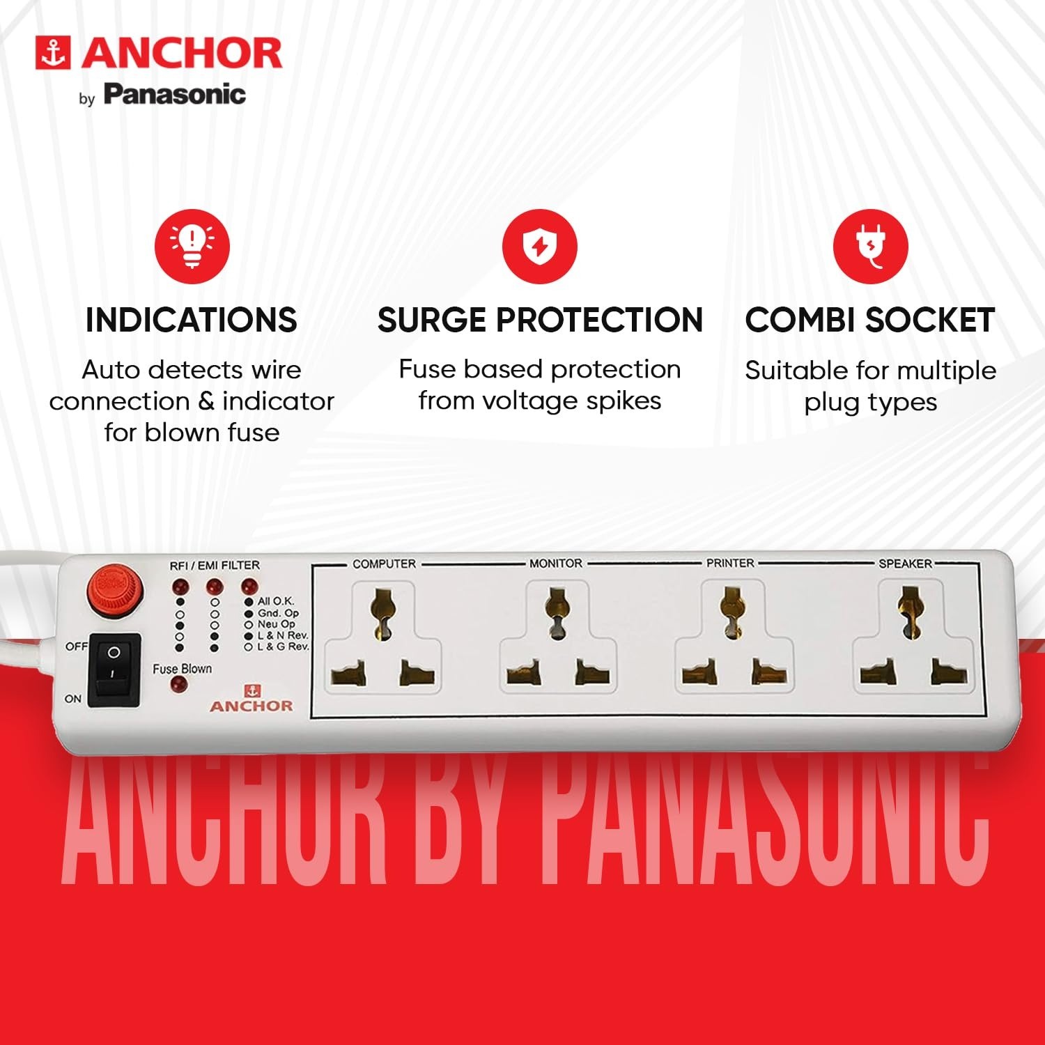 Anchor Socket with Single Switch 4 Way Extension Board with 1.5 Meter Extension Cord 6A, 240V