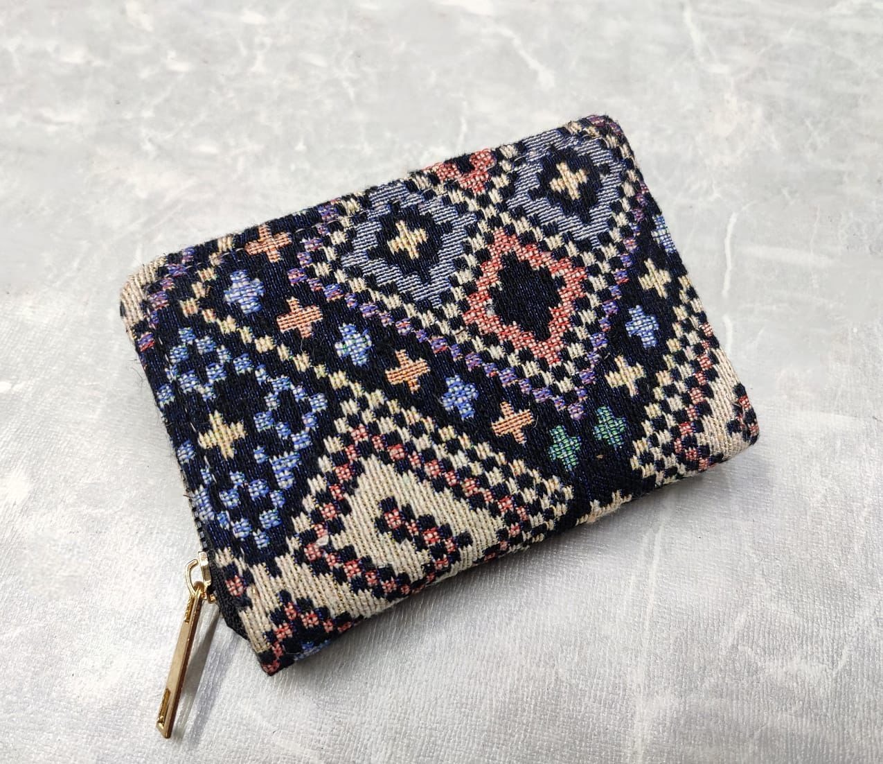 Foldable Pocket Wallet For Women (Blue Tribal Weave)