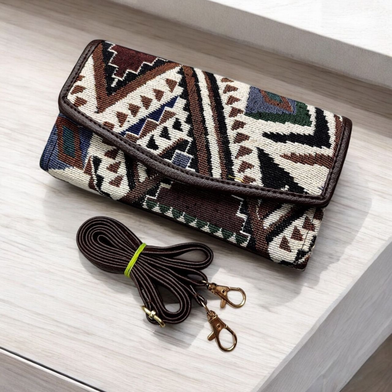Jacquard Foldable Pocket Wallet Cum Sling For Women ( Green Tribal )