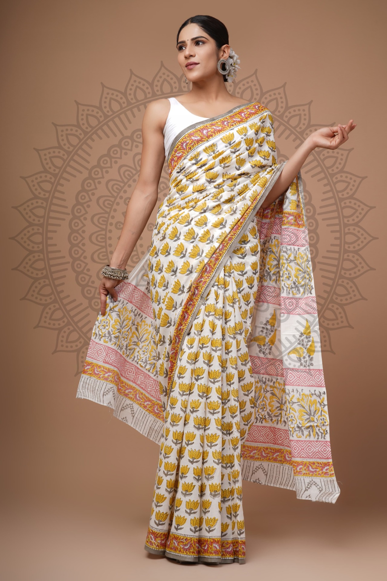 Handblock Printed Mul Cotton Saree (MYP01)