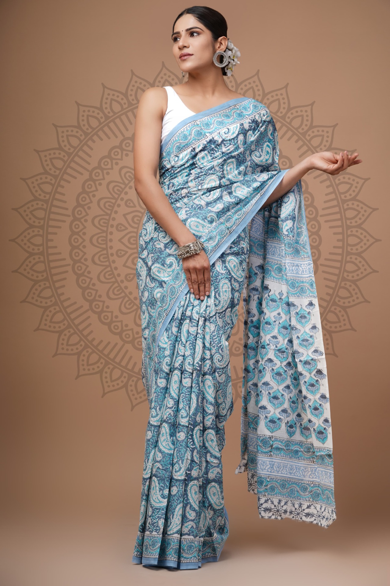 Handblock Printed Mul Cotton Saree (OLI78)