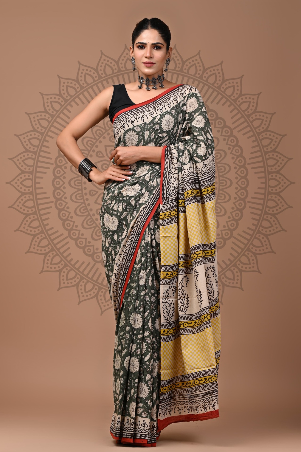 Handblock Printed Mul Cotton Saree (YEL90)