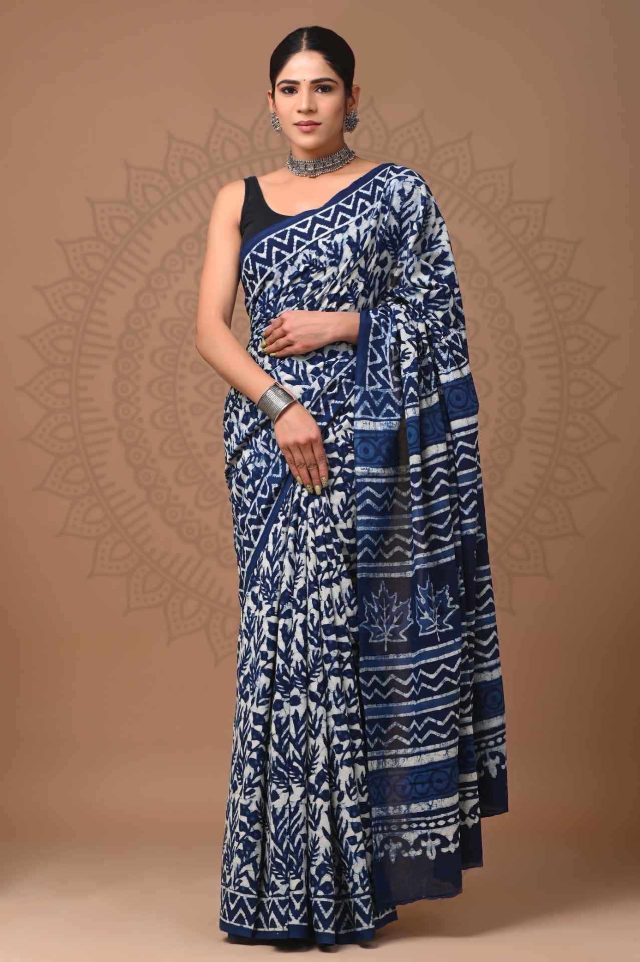 Handblock Printed Mul Cotton Saree (ING56)