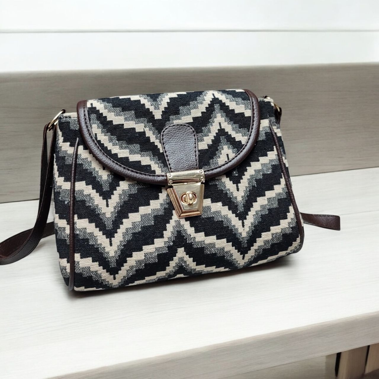 Turn Button Jacquard Sling Bag