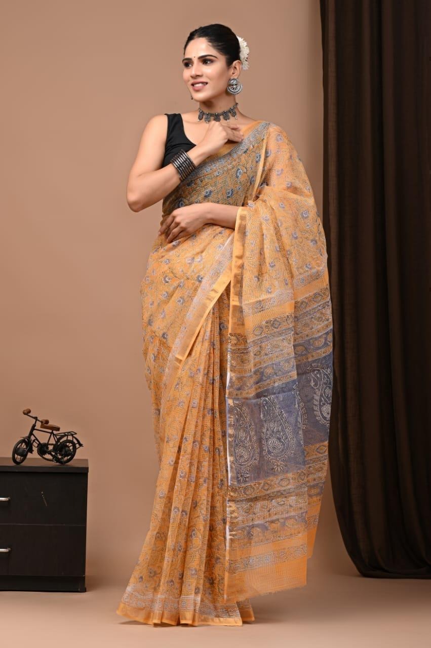 Kota Doria Block Printed Saree (DK67)