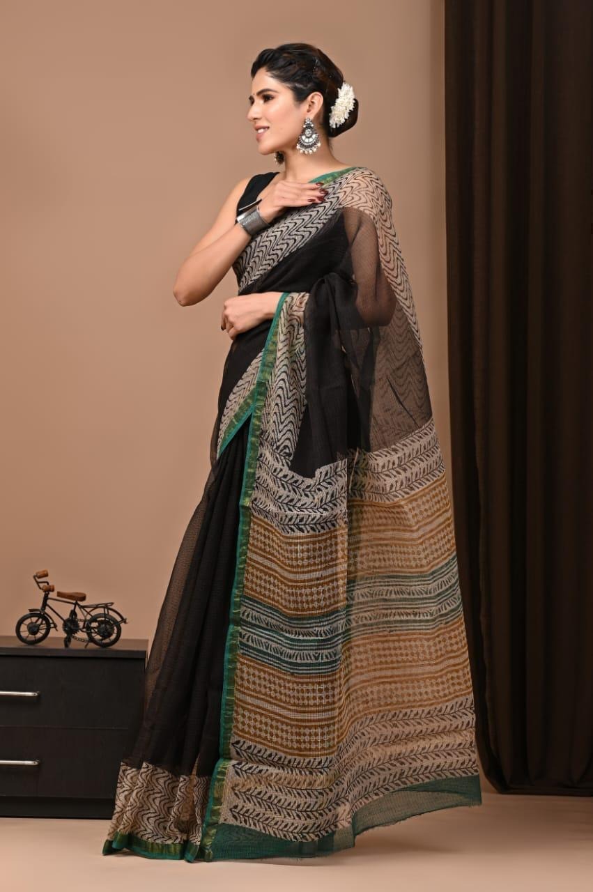 Kota Doria Block Printed Saree (MAL4)