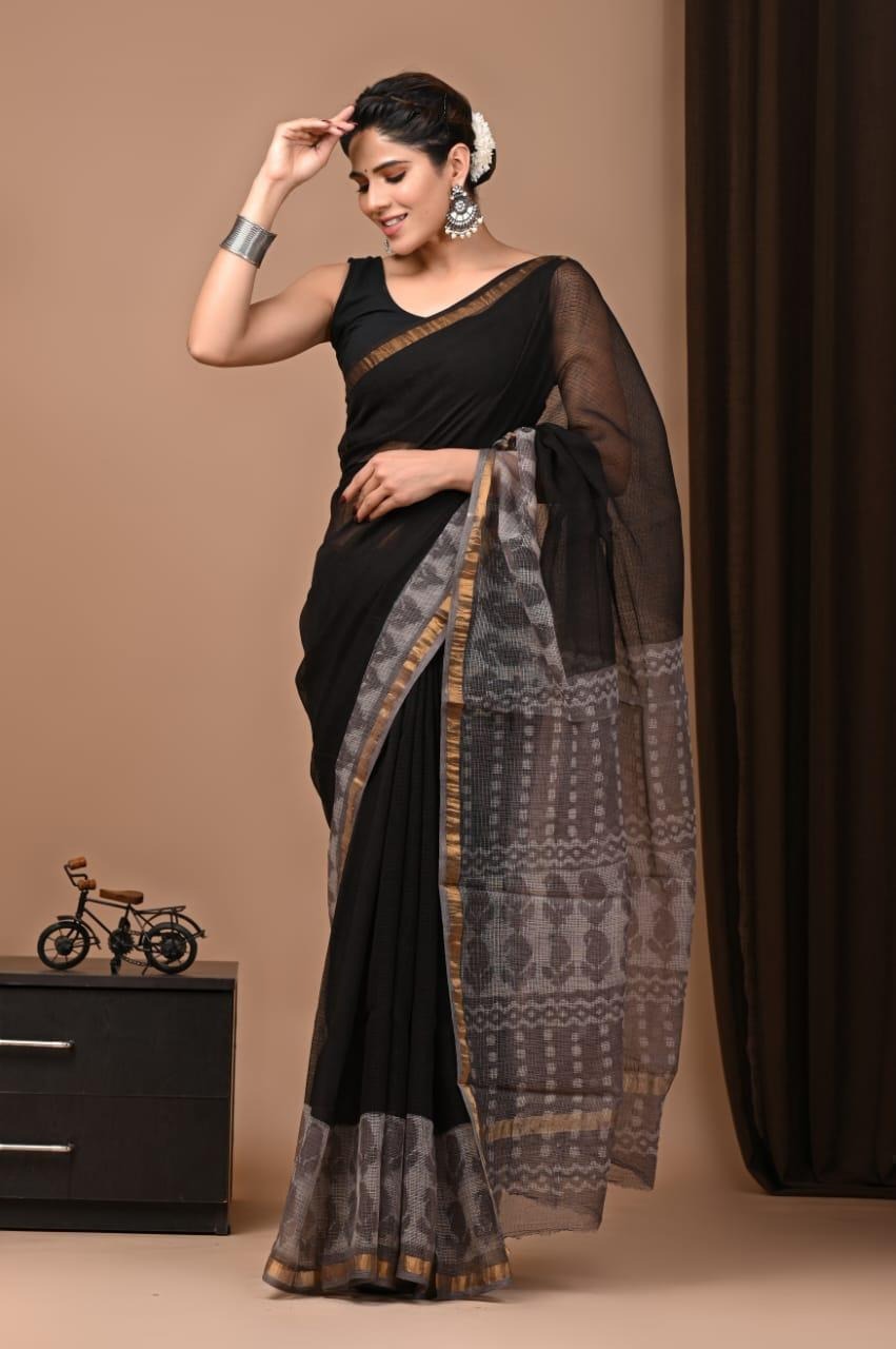Kota Doria Block Printed Saree (IMU9)