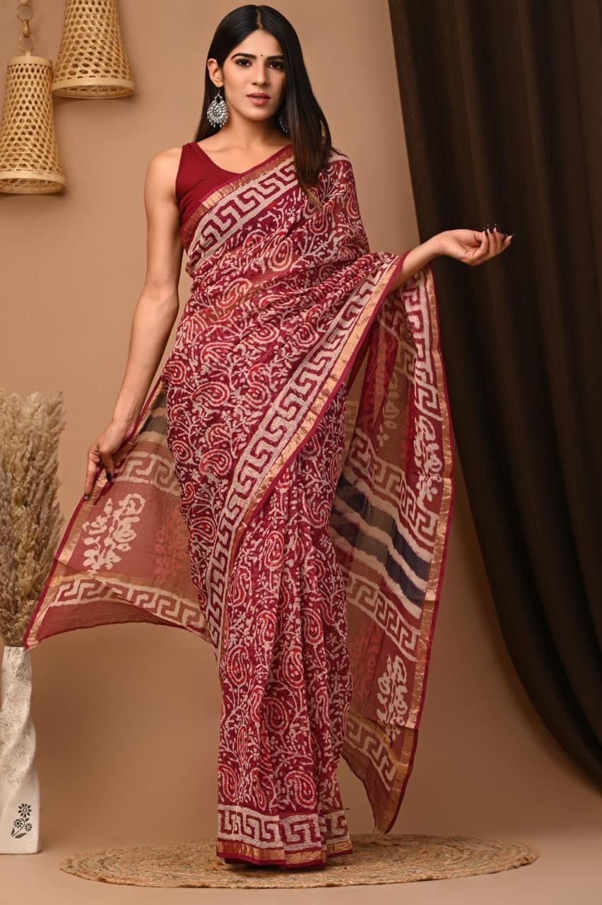 Kota Doria Block Printed Saree (ZIZ0)
