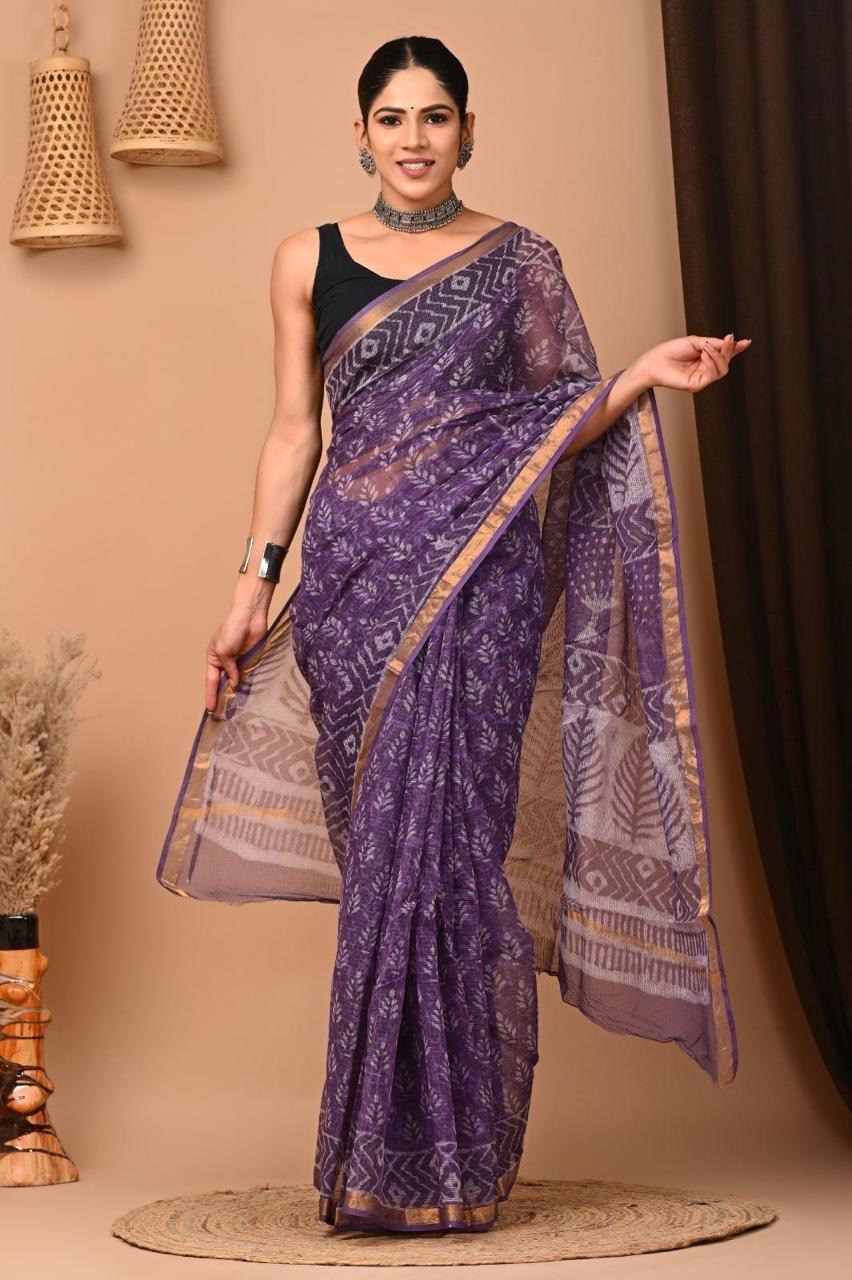 Kota Doria Block Printed Saree (LOT8)