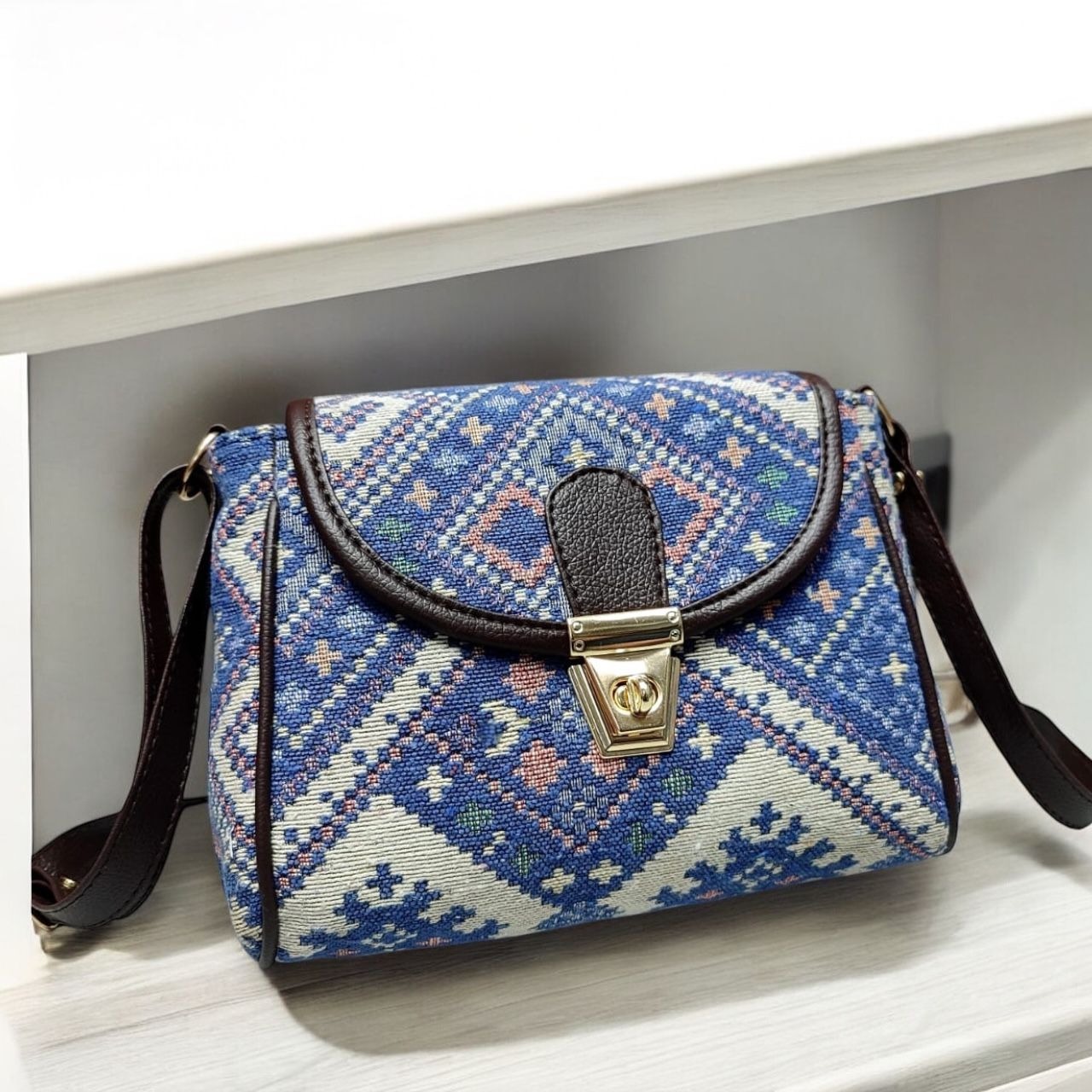 Turn Button Jacquard Sling Bag
