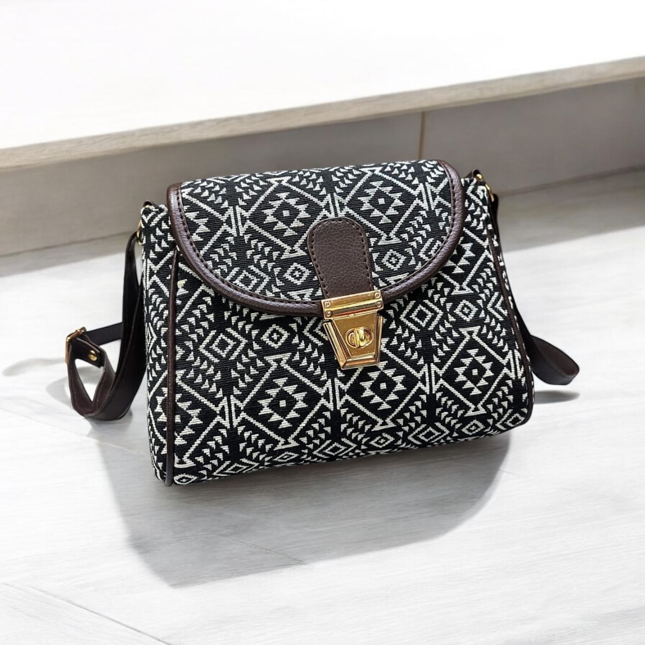 Turn Button Jacquard Sling Bag