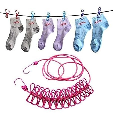 12 CLIP METAL CLOTH LINE Removable Cloth Drying Rope with Clips- 12 Metal Clips Portable Clothes Line for Travel