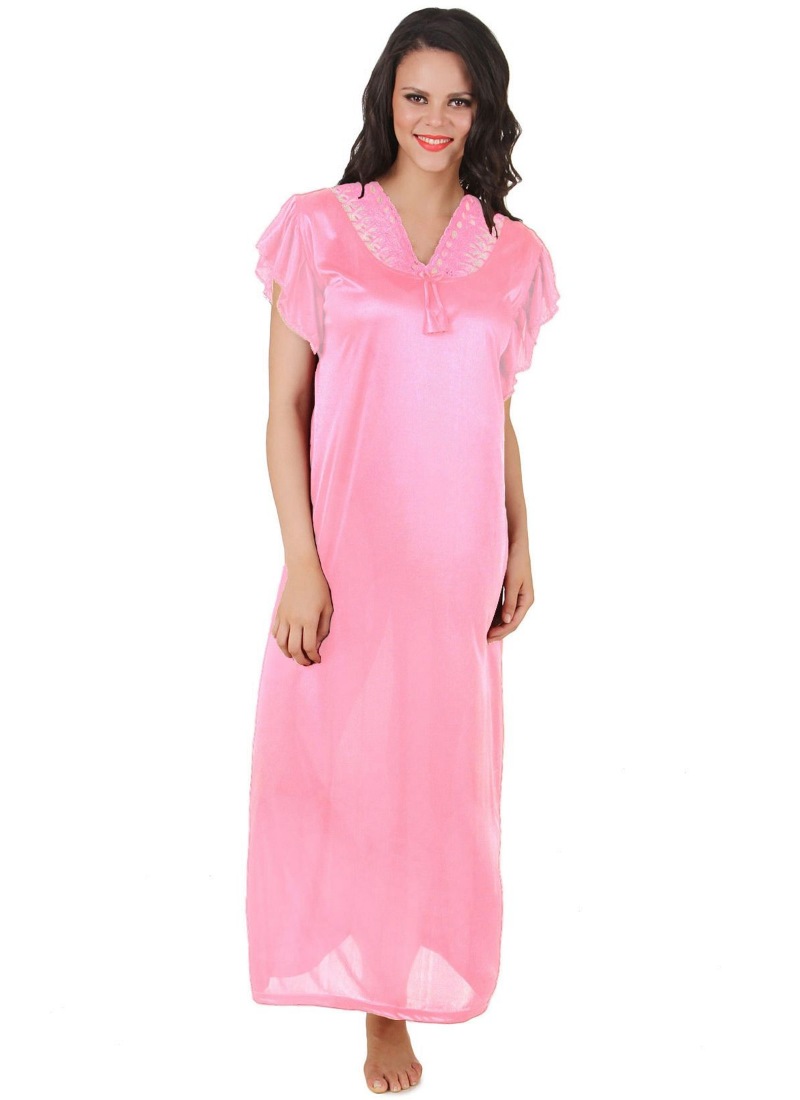 Women's Satin Long Nighty Frill Sleeve(Color: Baby Pink, Neck Type: V Neck)