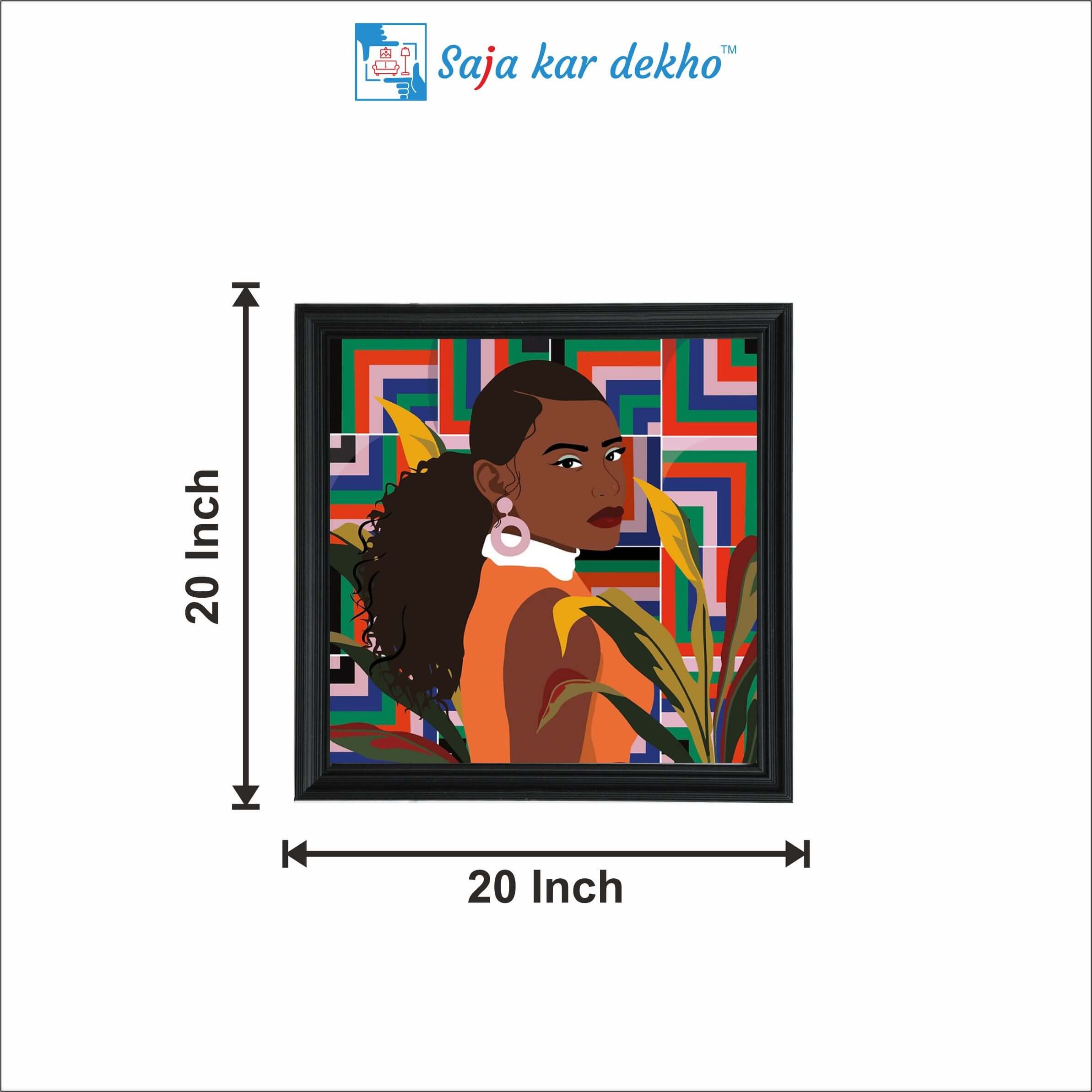 SAJA KAR DEKHO The Grown Girl With Green, Orange, Blue And Pink Line Background Art High Quality Weather Resistant HD Wall Frame | 20 x 20 inch | - 20 X 20 inch