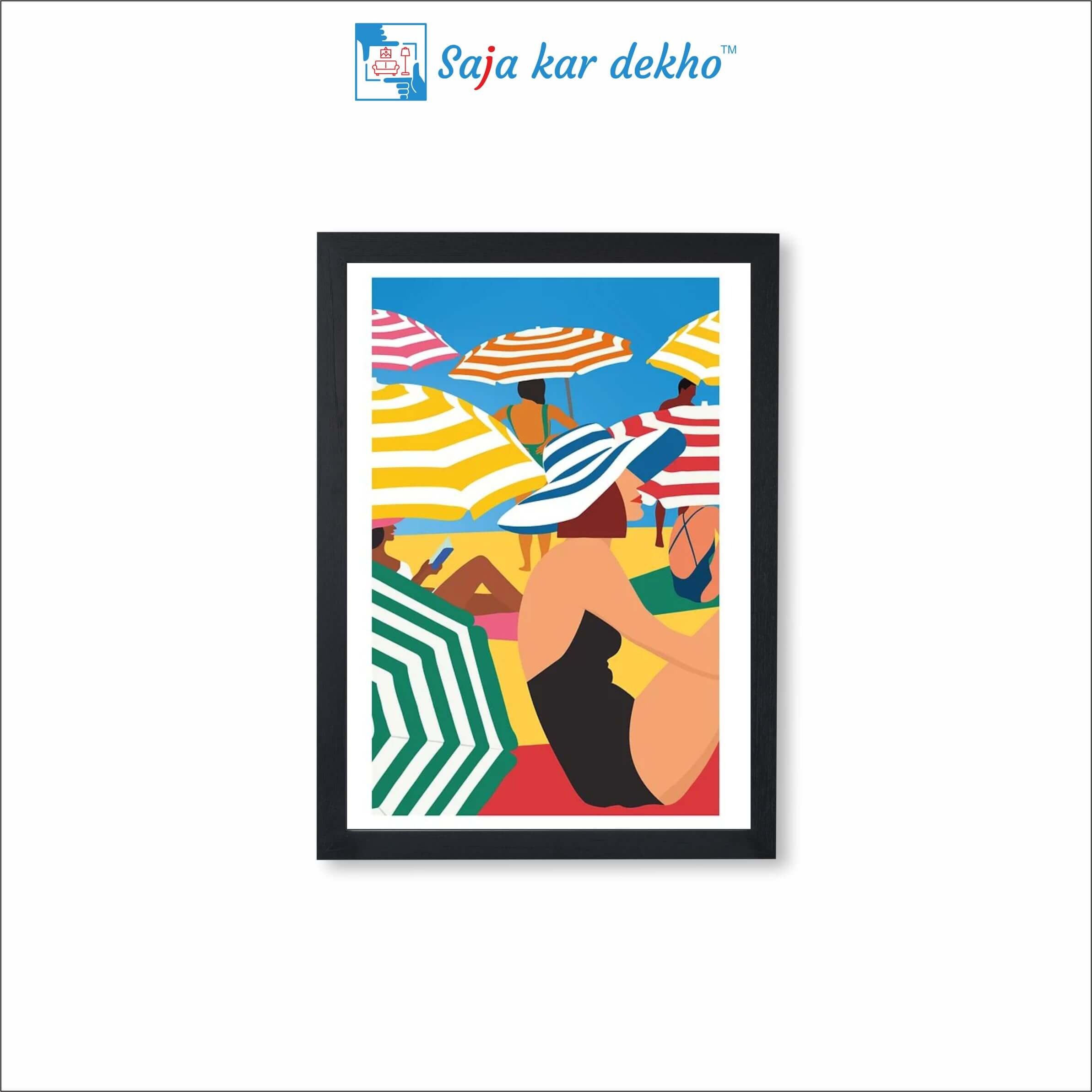 SAJA KAR DEKHO Girl Sitting On The Beach In Frame High Quality Weather Resistant HD Wall Frame | 18 x 12 inch | - 18 X 12 inch