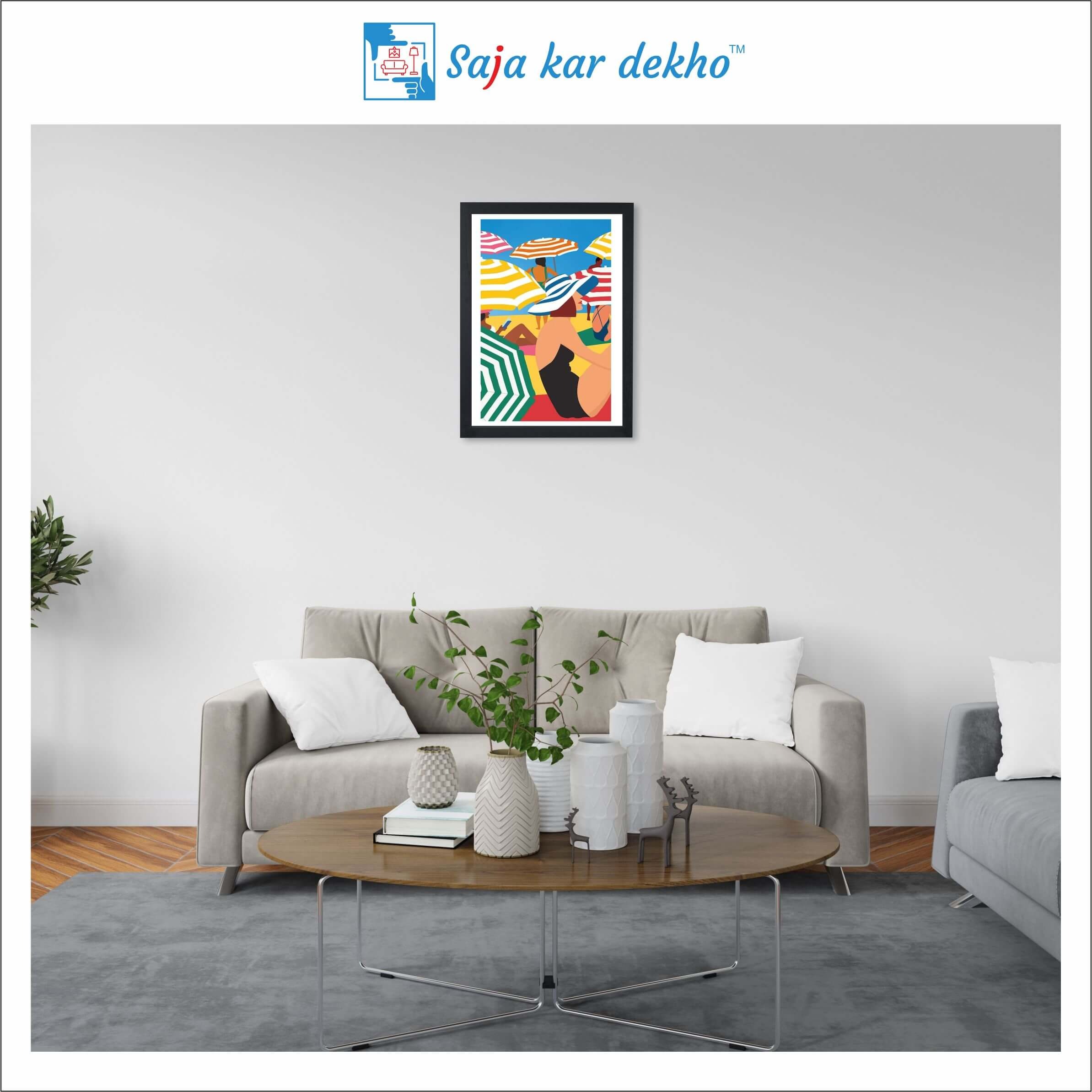 SAJA KAR DEKHO Girl Sitting On The Beach In Frame High Quality Weather Resistant HD Wall Frame | 18 x 12 inch | - 18 X 12 inch