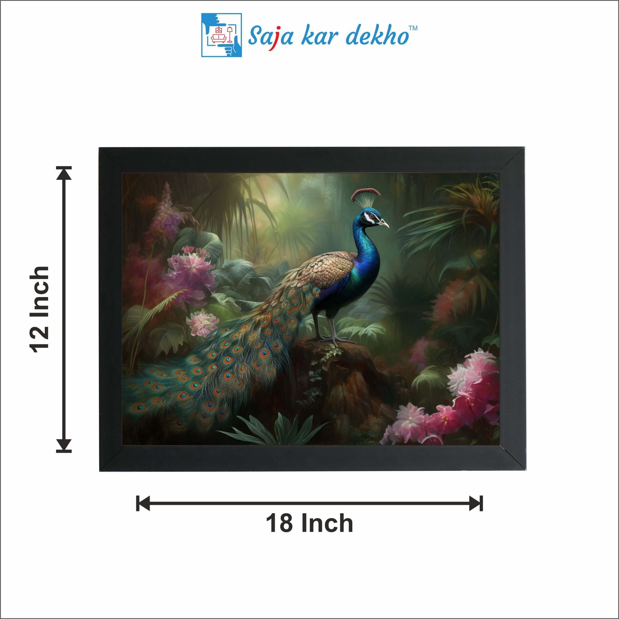 SAJA KAR DEKHO Beautiful Peacock With Green Nature And Pink Flowers High Quality Weather Resistant HD Wall Frame | 18 x 12 inch | - 18 X 12 inch