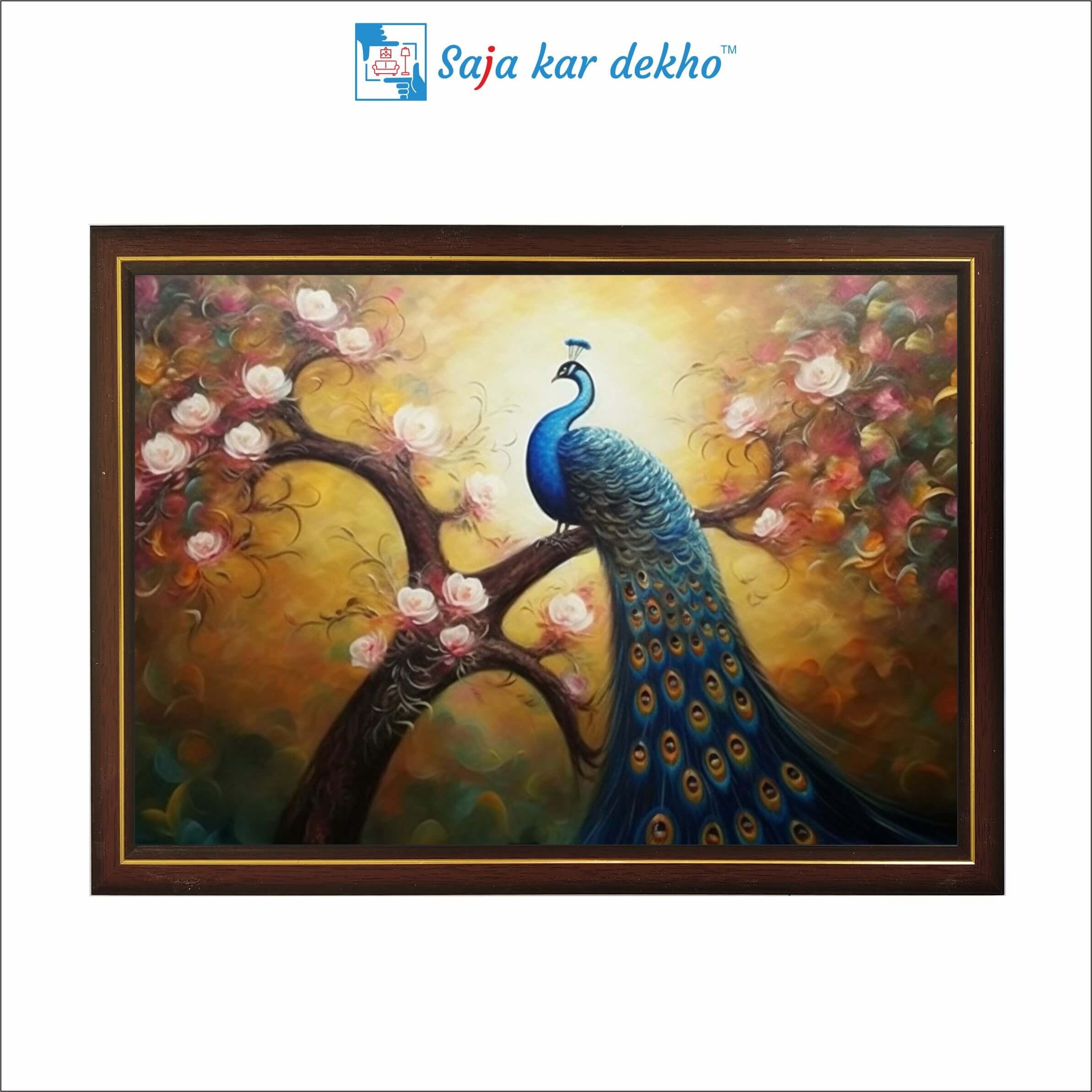 SAJA KAR DEKHO A Peacock Sits On A Tree With Beautiful Flowers High Quality Weather Resistant HD Wall Frame | 18 x 12 inch | - 18 X 12 inch