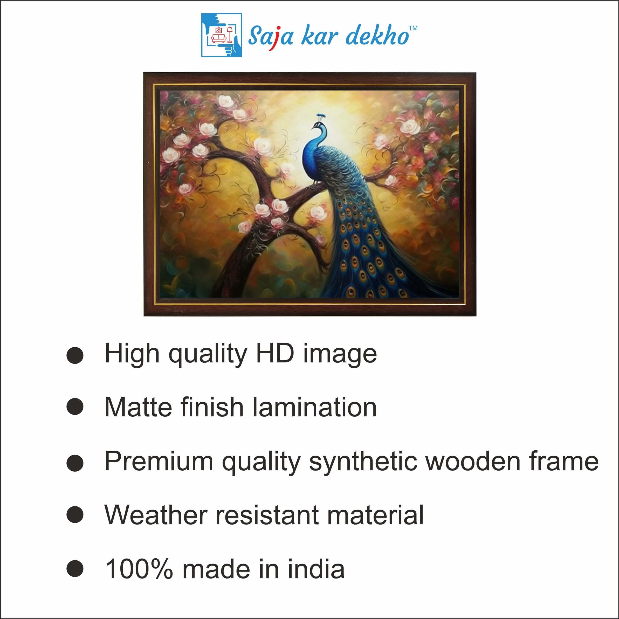 SAJA KAR DEKHO A Peacock Sits On A Tree With Beautiful Flowers High Quality Weather Resistant HD Wall Frame | 18 x 12 inch | - 18 X 12 inch