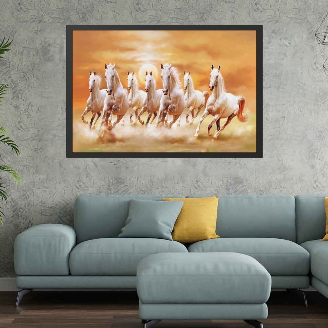 Seven Lucky Running Vastu Horses Art Framed Painting Orange theme  (18 x 12 inch) - 18 x 12 inch