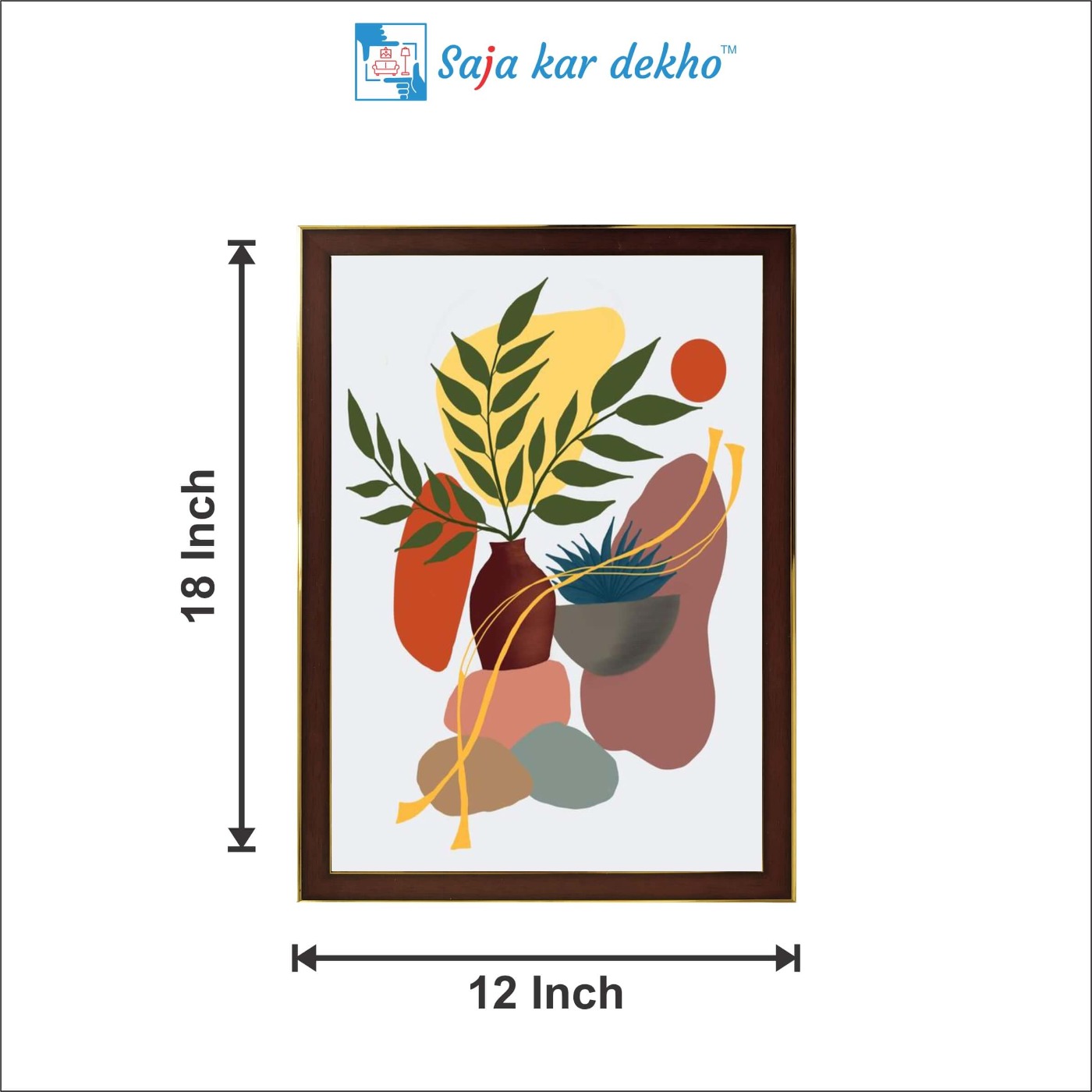 SAJA KAR DEKHO A Flower Pot, Leaves, Stones High Quality Weather Resistant HD Wall Frame | 18 x 12 inch | - 18 X 12 inch