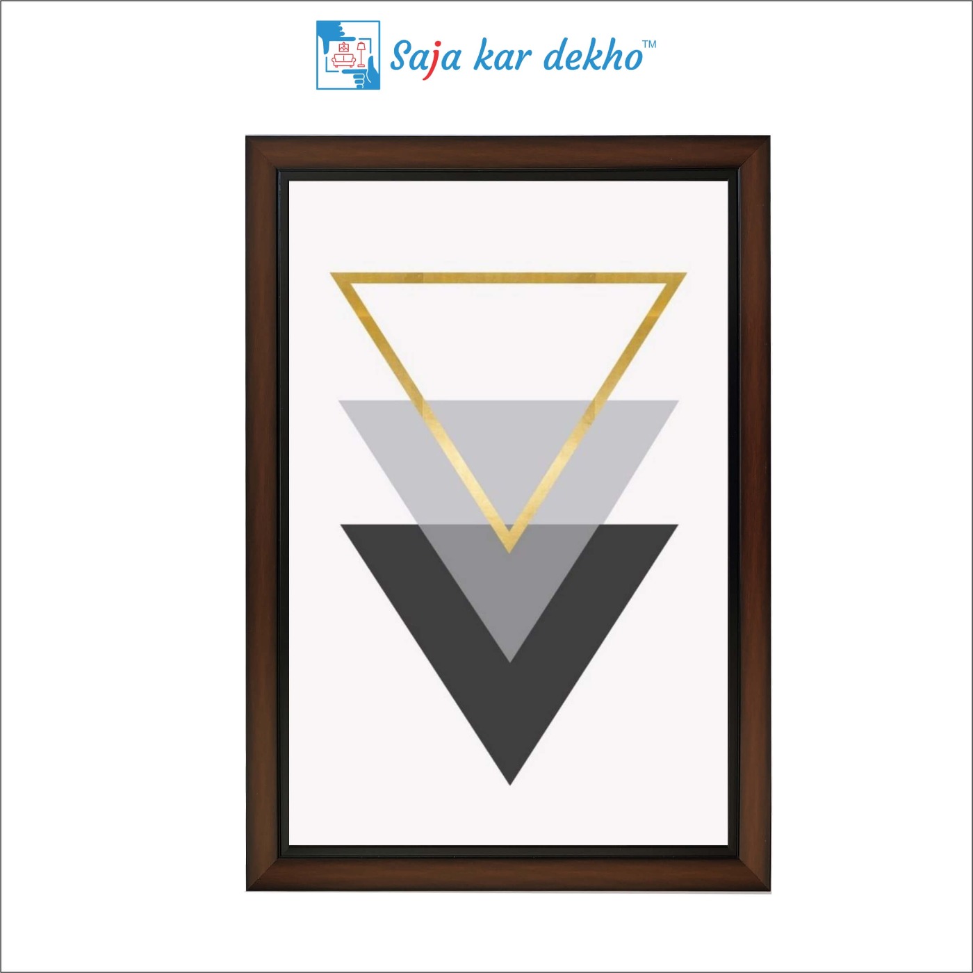 SAJA KAR DEKHO Black, Grey And Golden Three Triangles Minimalist High Quality Weather Resistant HD Wall Frame | 18 x 12 inch | - 18 X 12 inch