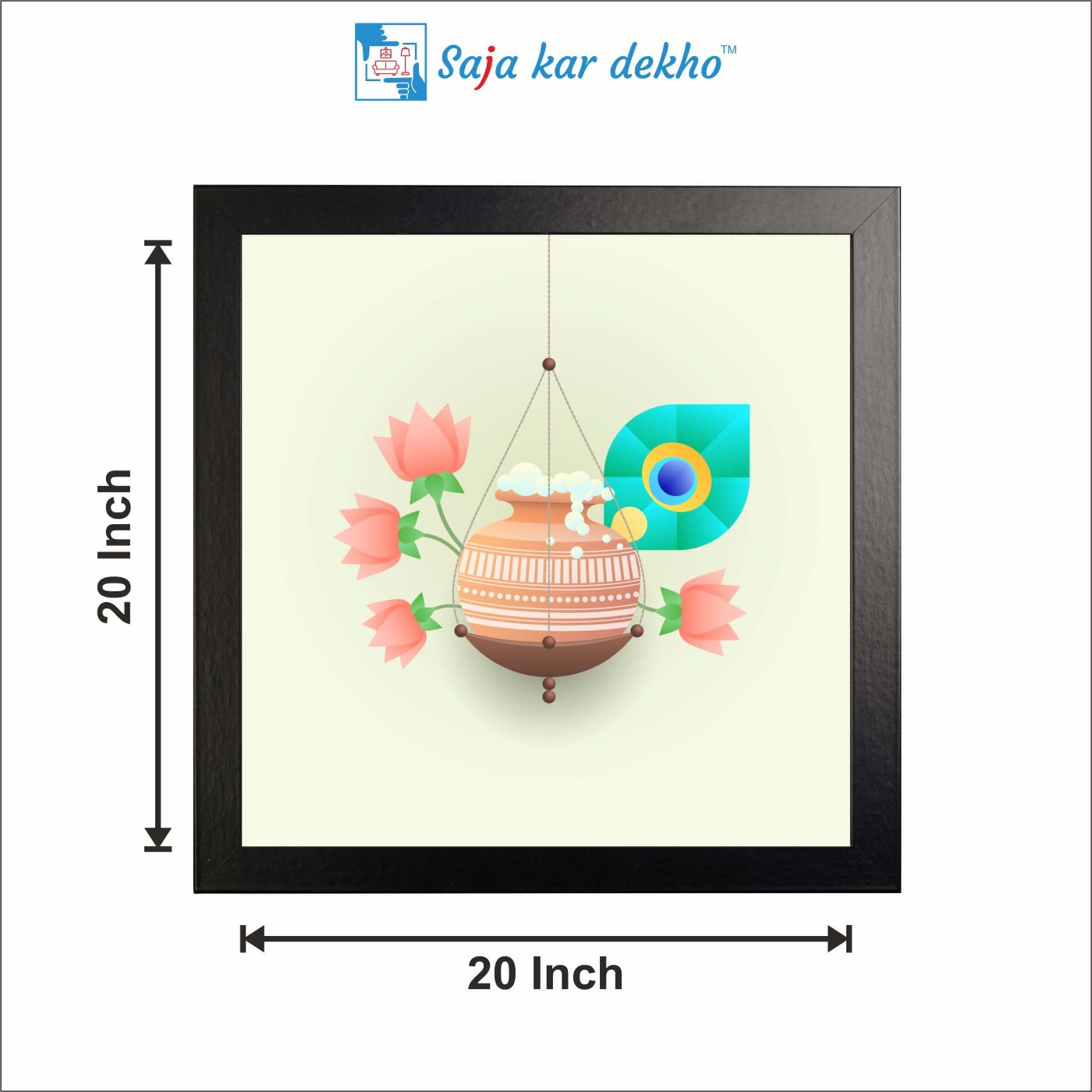 SAJA KAR DEKHO A Bowl Of Butter And Lotus, Peacock Feather High Quality Weather Resistant HD Wall Frame | 20 x 20 inch | - 20 X 20 inch