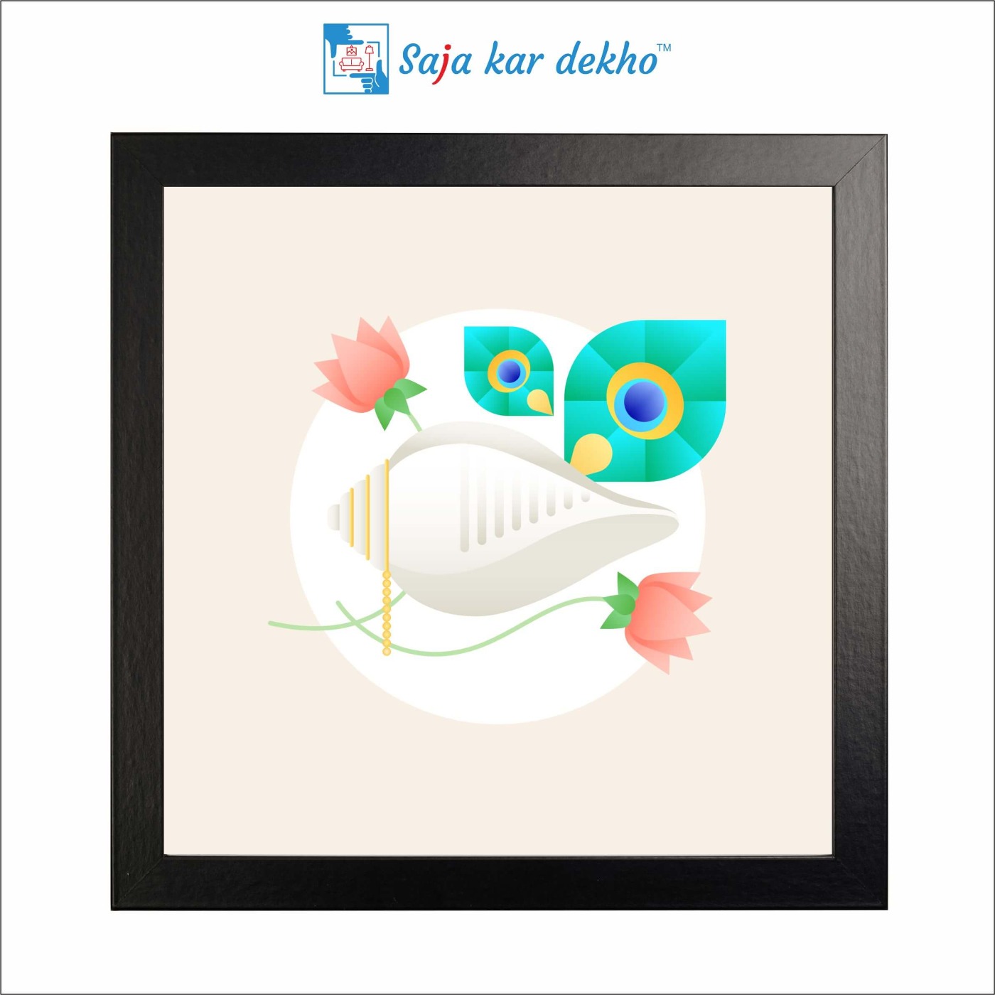 SAJA KAR DEKHO Conch (Shankh) And Lotus, Peacock Feather High Quality Weather Resistant HD Wall Frame | 20 x 20 inch | - 20 X 20 inch