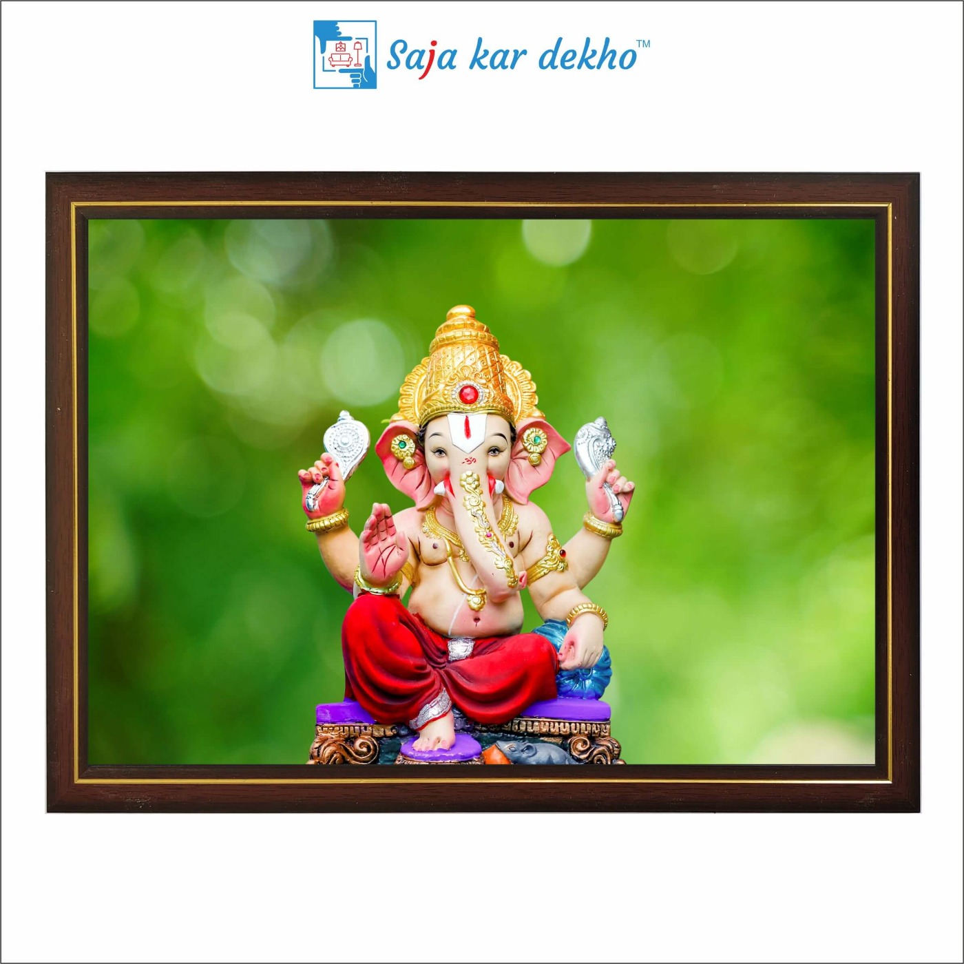 SAJA KAR DEKHO Ganesh Ji With Green Background High Quality Weather Resistant HD Wall Frame | 12 x 18 inch | - 12 X 18 inch