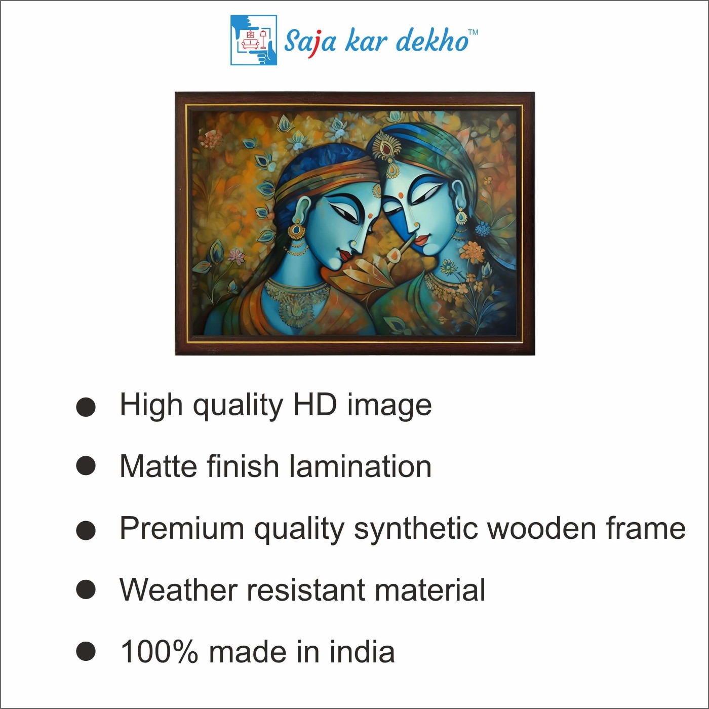 SAJA KAR DEKHO Radha Krishna With Beautiful Background High Quality Weather Resistant HD Wall Frame | 12 x 18 inch | - 12 X 18 inch