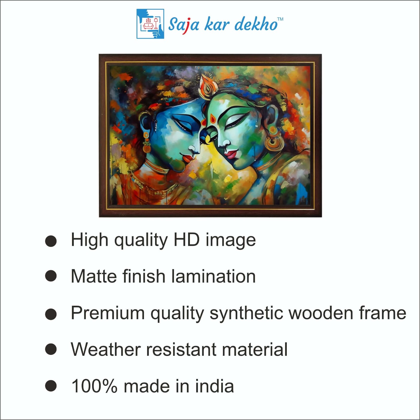 SAJA KAR DEKHO Radha Krishna 3D Art High Quality Weather Resistant HD Wall Frame | 12 x 18 inch | - 12 X 18 inch