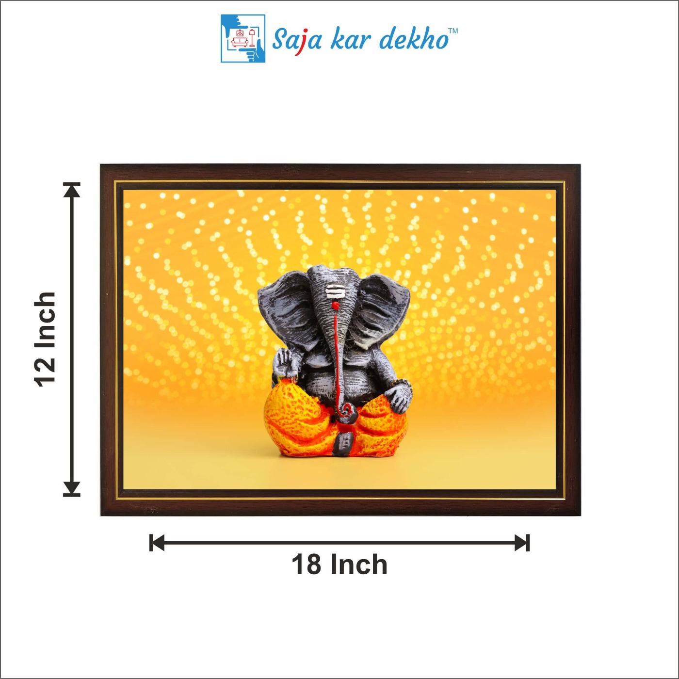 SAJA KAR DEKHO Ganesh Ji With Yellow Background High Quality Weather Resistant HD Wall Frame | 12 x 18 inch | - 12 X 18 inch