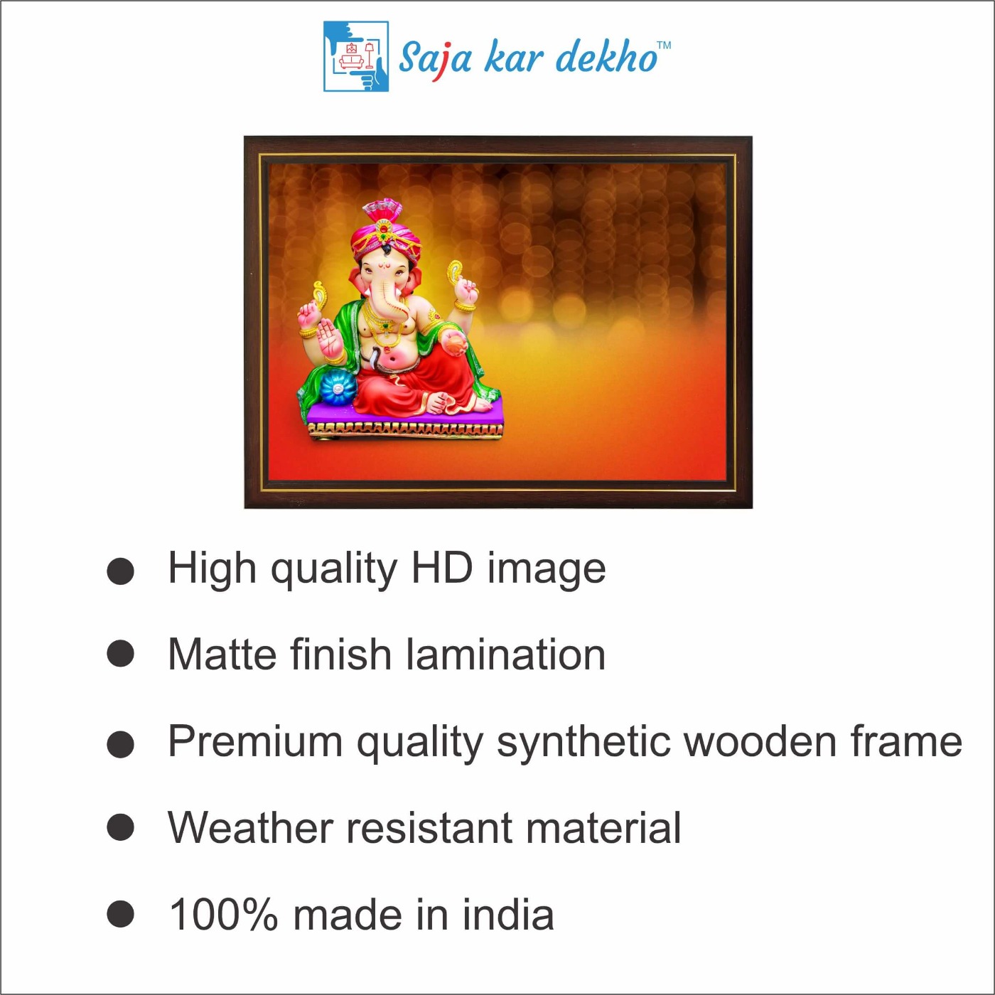 SAJA KAR DEKHO Ganesh Ji High Quality Weather Resistant HD Wall Frame | 12 x 18 inch | - 12 X 18 inch