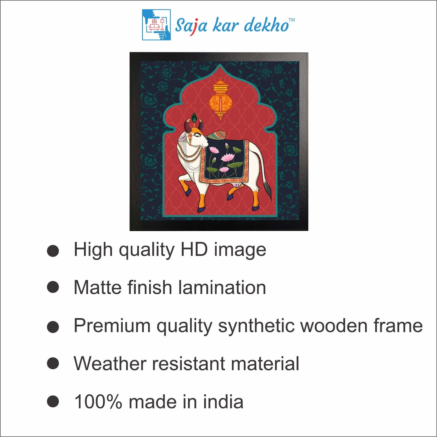 SAJA KAR DEKHO Beautiful Cow High Quality Weather Resistant HD Wall Frame | 20 x 20 inch | - 20 X 20 inch