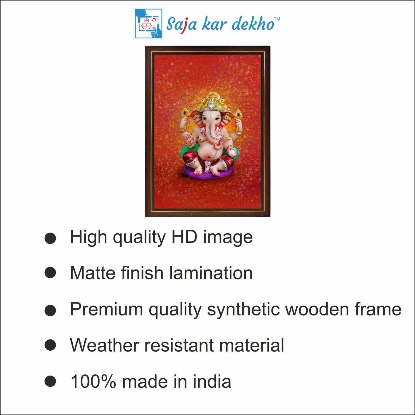 SAJA KAR DEKHO Ganesh Ji High Quality Weather Resistant HD Wall Frame | 12 x 18 inch | - 12 X 18 inch