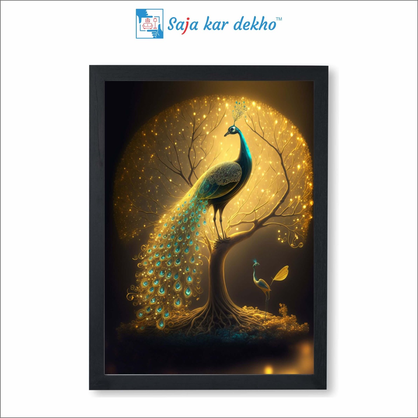 SAJA KAR DEKHO Peacock With Beautiful Background High Quality Weather Resistant HD Wall Frame | 12 x 18 inch | - 12 X 18 inch