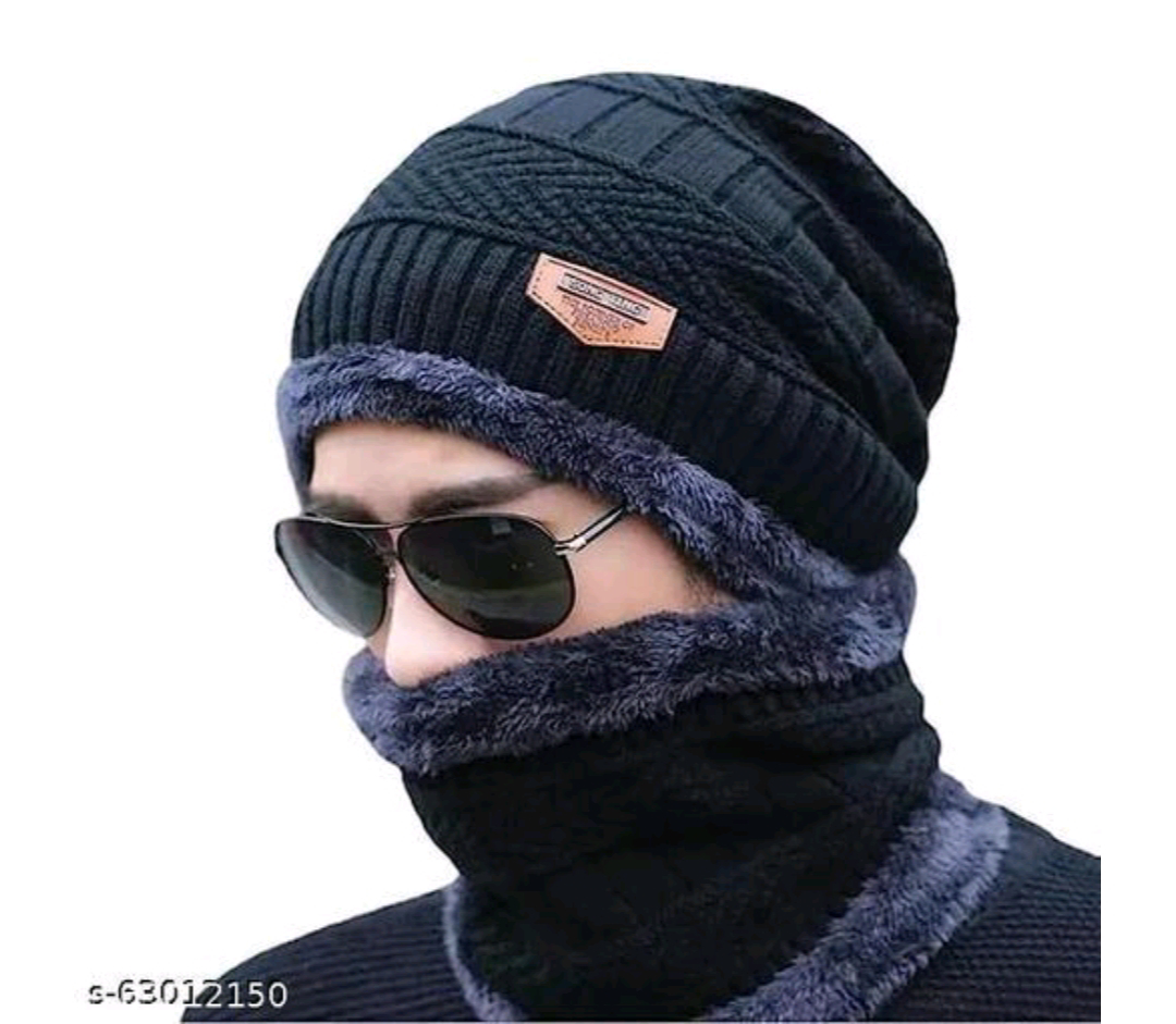 PinKit Unisex Winter Knit Beanie Cap Hat Neck Warmer Scarf aB - Black, Free Size