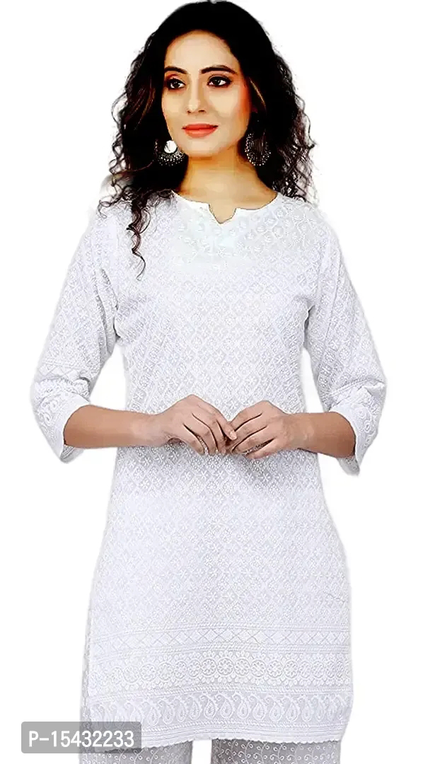 Chicken Work Kurti White For Girls  - White, Xl