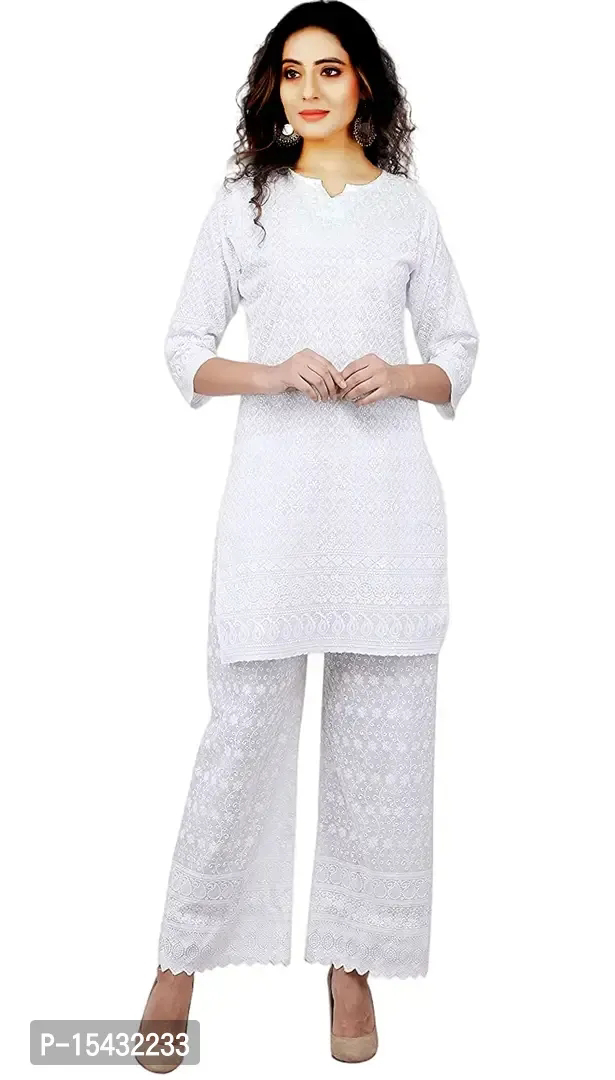 Chicken Work Kurti White For Girls  - White, XXL