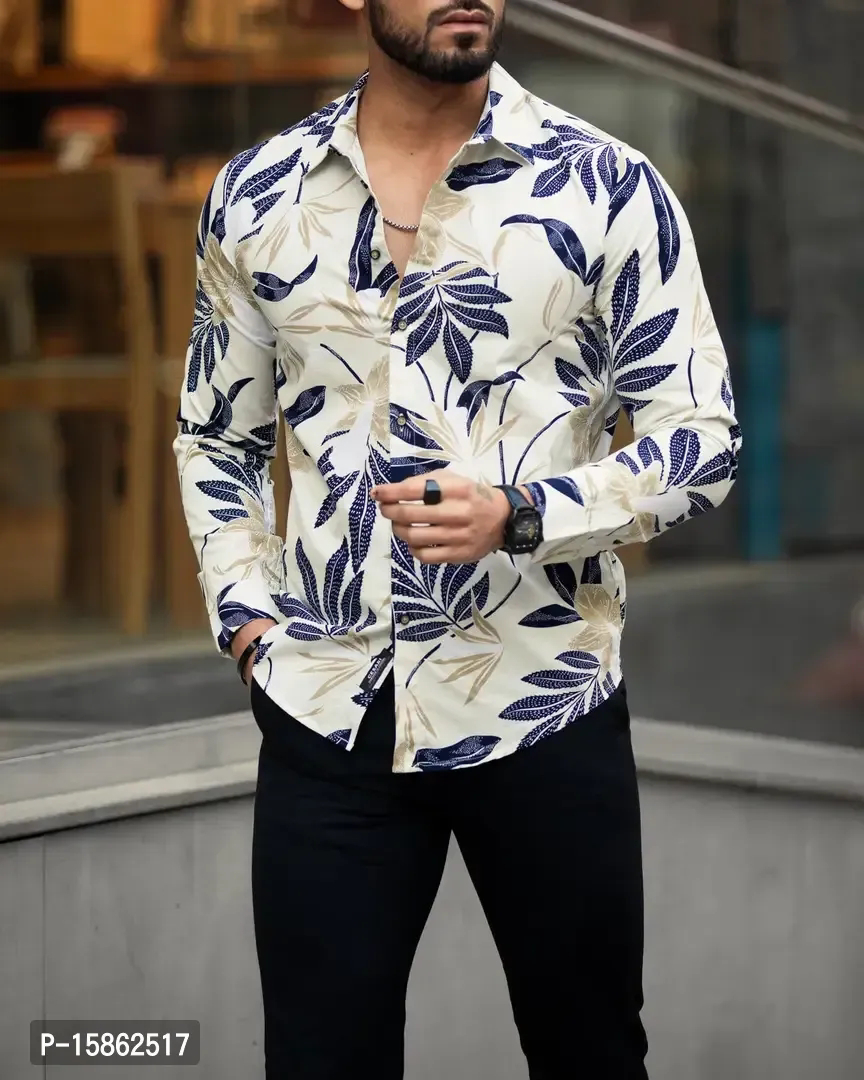 Stylish Lycra Floral Printed Long Sleeves Casual Shirt For Men - S