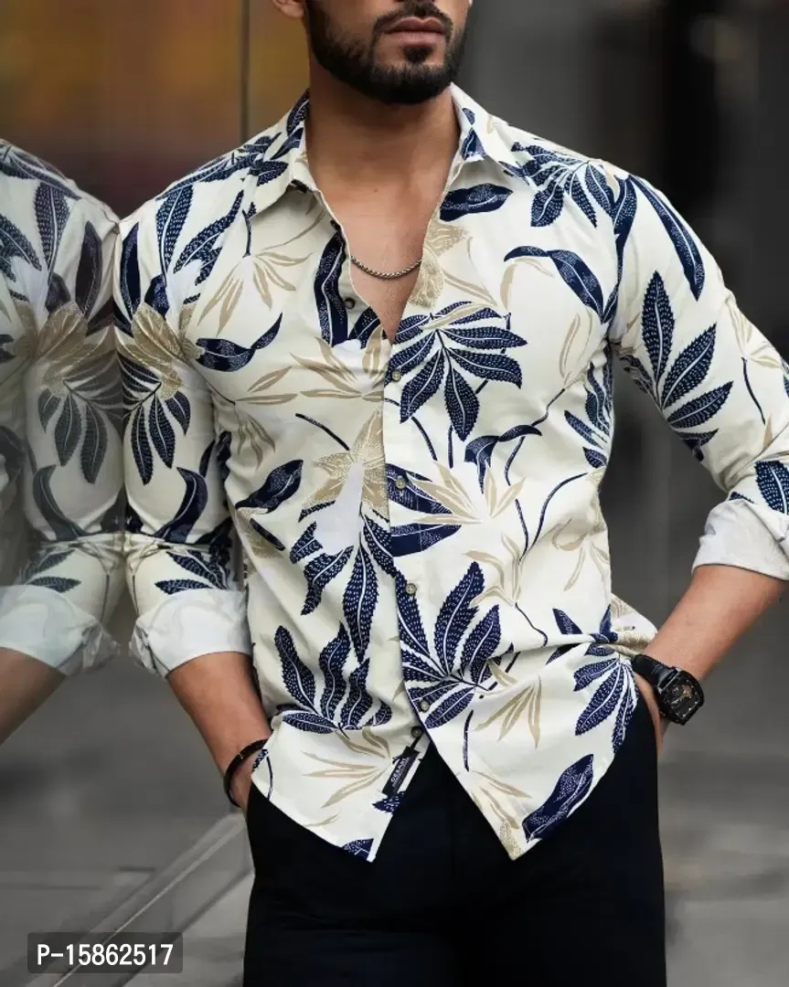 Stylish Lycra Floral Printed Long Sleeves Casual Shirt For Men - S