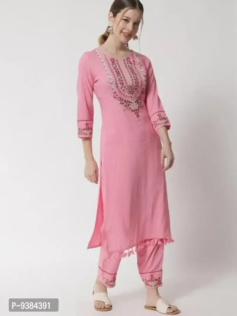 Beautiful Rayon Pink Kurta With Bottom And Dupatta Set  - M