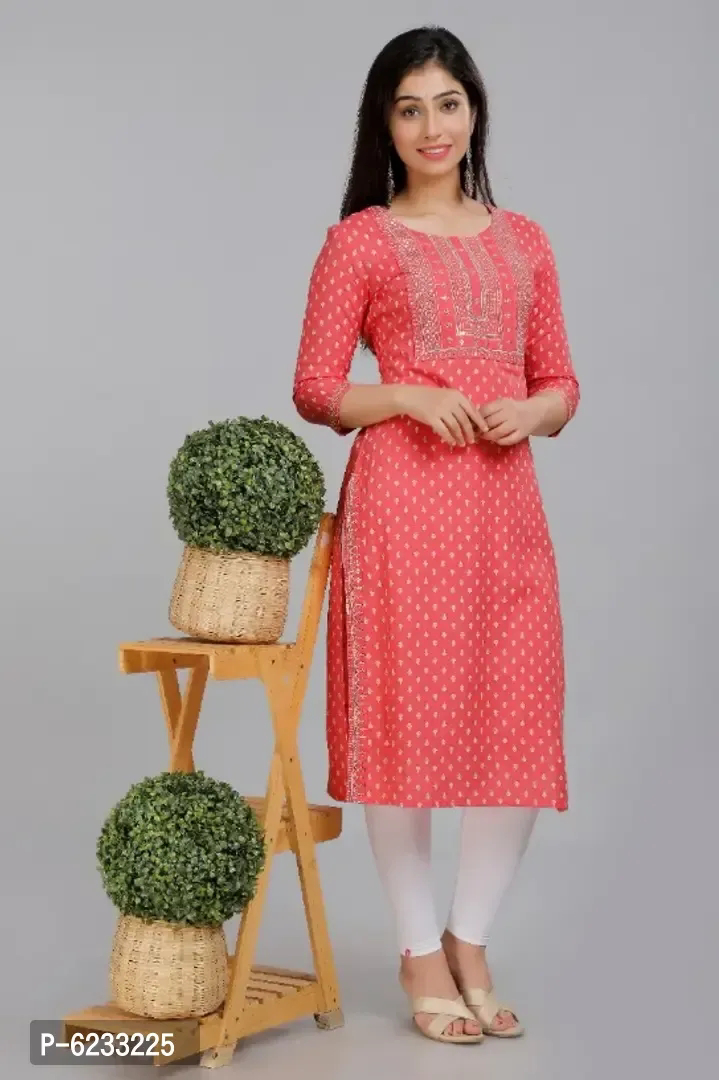 Women Rayon Work Straight Kurti  - Wild Watermelon, S