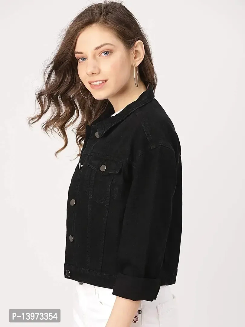 Stylish Black Denim Solid Button Jacket Women Ds  - M