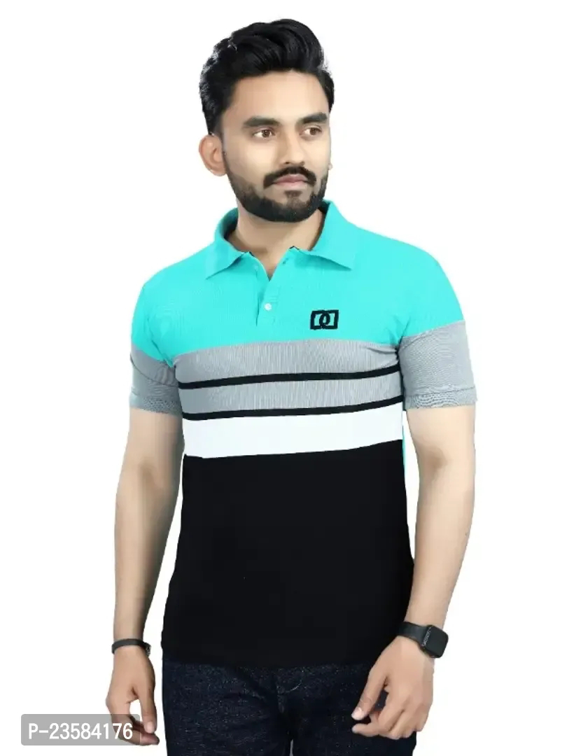 Men Colorblock Polo Neck Poly Cotton Sea Green Tshirts  - L