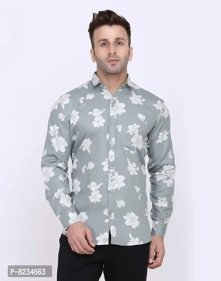 FEBIA Mens Cottonblend Floral Printed Fullsleeve Shirt - S