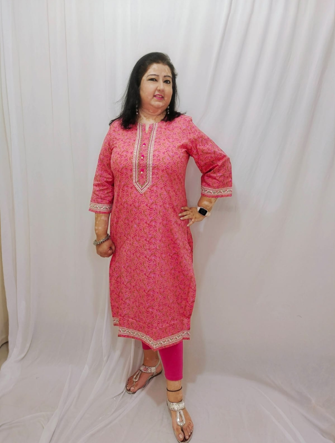 Pink Self Printed Kurta - Pink Flamingo, M