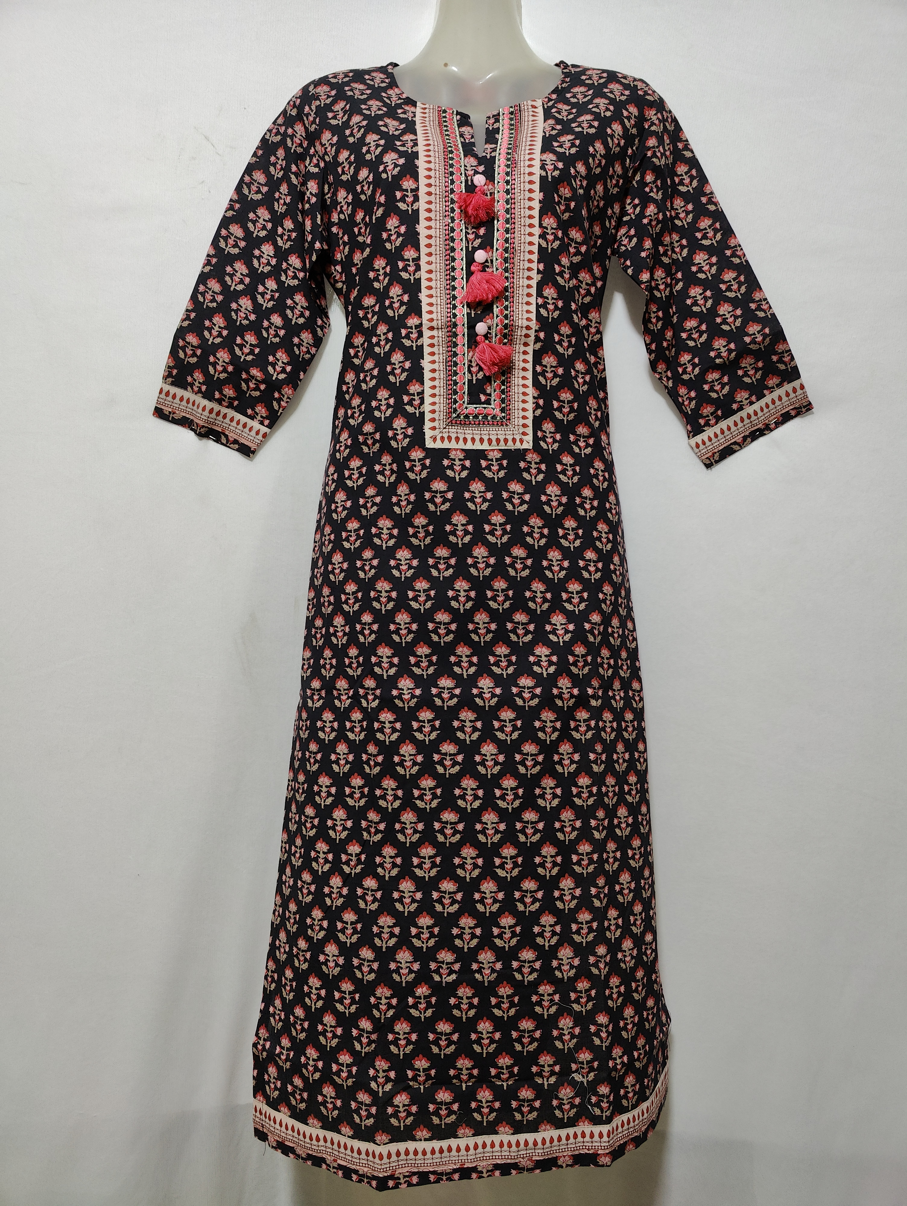 Black Peach Print Kurta - S