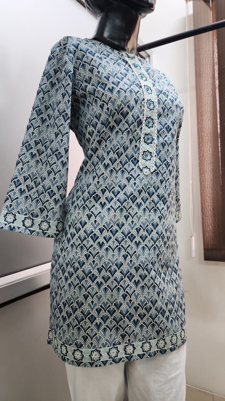 Light Blue Grey Print Regular Kurti - 2XL